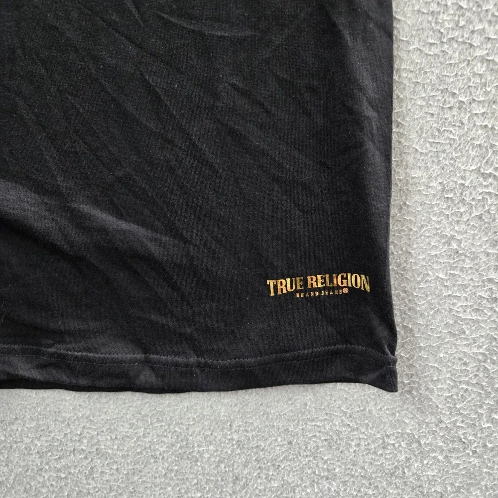 True Religion Men Shirt Medium Black‎ Golden Logo Short Sleeve V Neck Tee